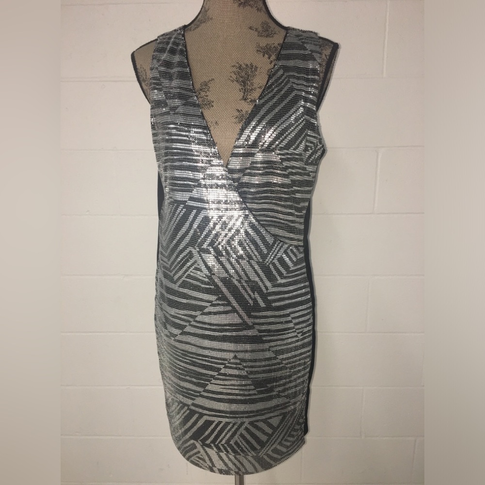 Ramy Brook Printed Lola Silver and Black Aluminum Dress Size 6